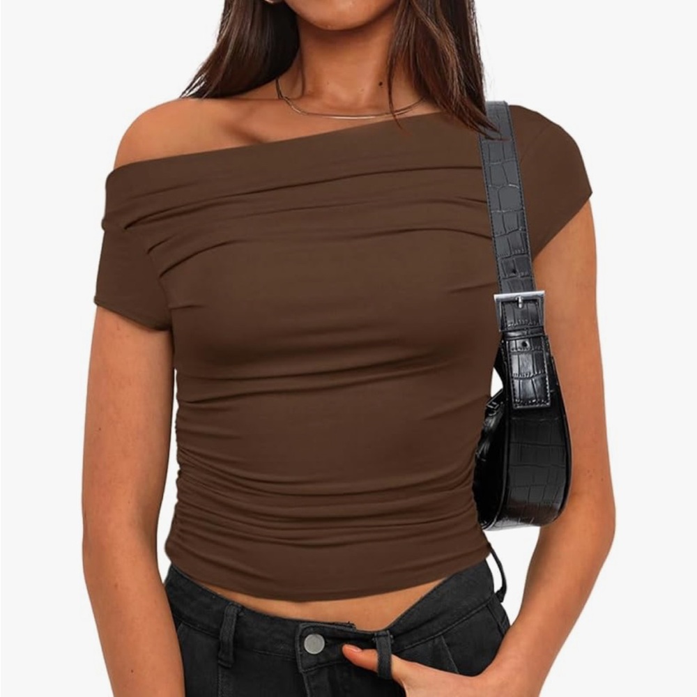 Elegant Off-Shoulder Brown Crop Top